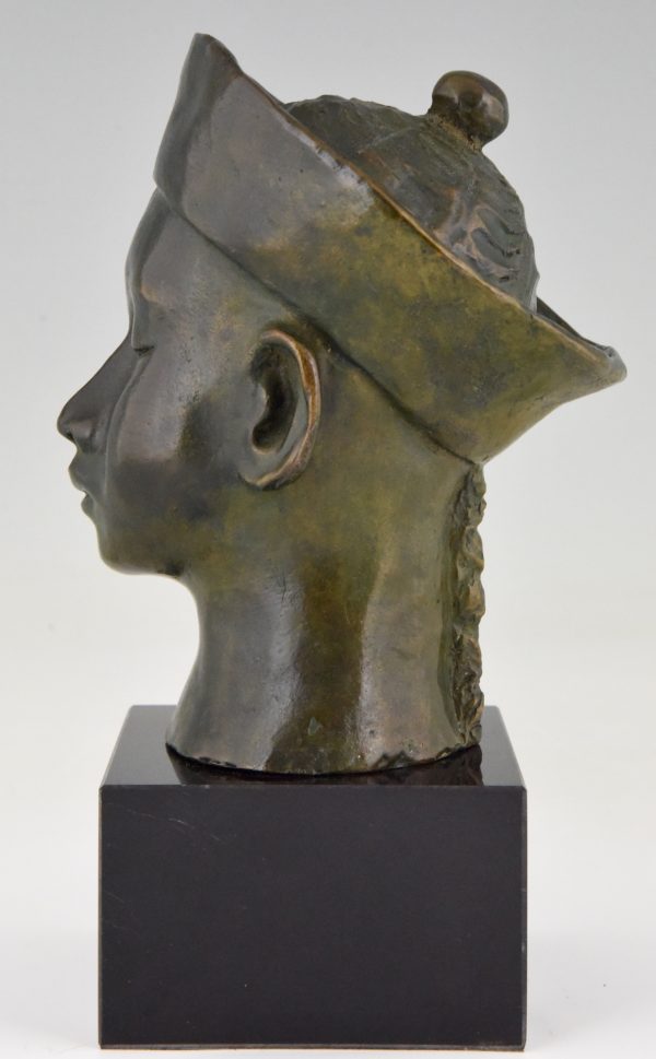 Art Deco bronze bust Chinese boy with hat and braid.