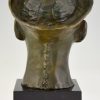 Art Deco bronzen buste Chinese jongen met hoed en vlecht