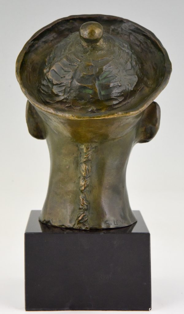 Art Deco bronze bust Chinese boy with hat and braid.