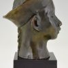 Art Deco bronze bust Chinese boy with hat and braid.