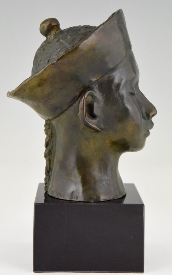 Art Deco bronze bust Chinese boy with hat and braid.