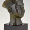 Art Deco bronze bust Chinese boy with hat and braid.