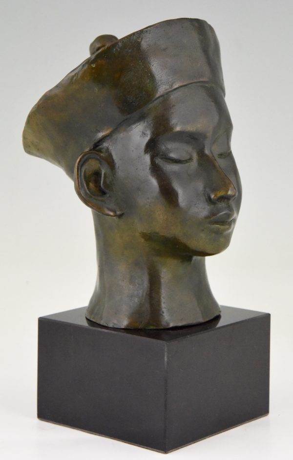 Art Deco bronze bust Chinese boy with hat and braid.