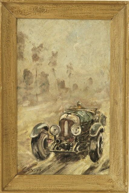 Painting of a vintage car racing scene