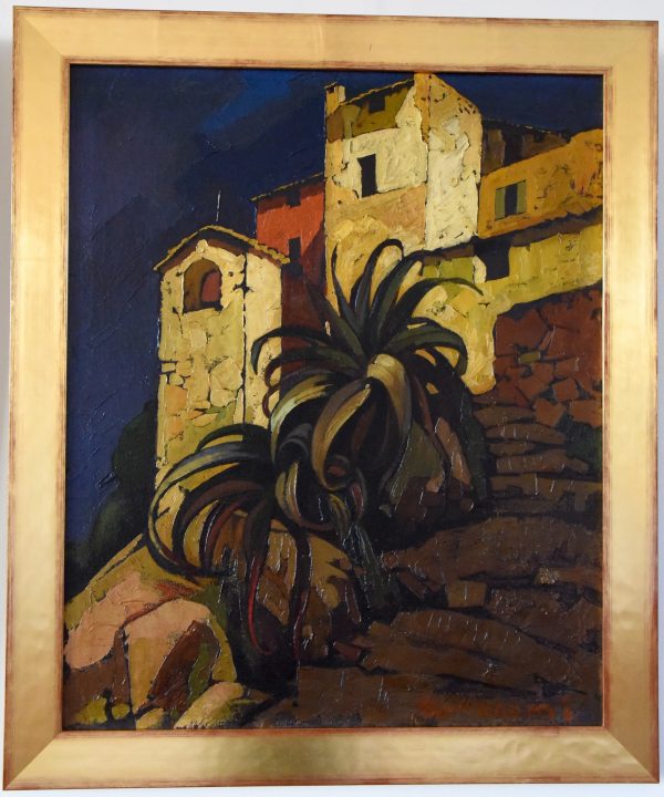 Art Deco painting Italian village with palm tree