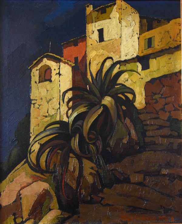Art Deco Gemälde Italienisches Dorf mit Palme
