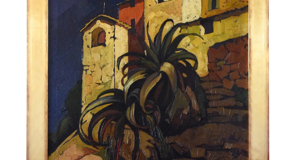 Art Deco painting Italian village with palm tree