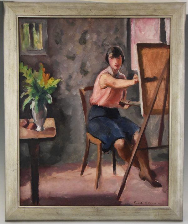 Art Deco Gemälde malende Frau im Wohnzimmer