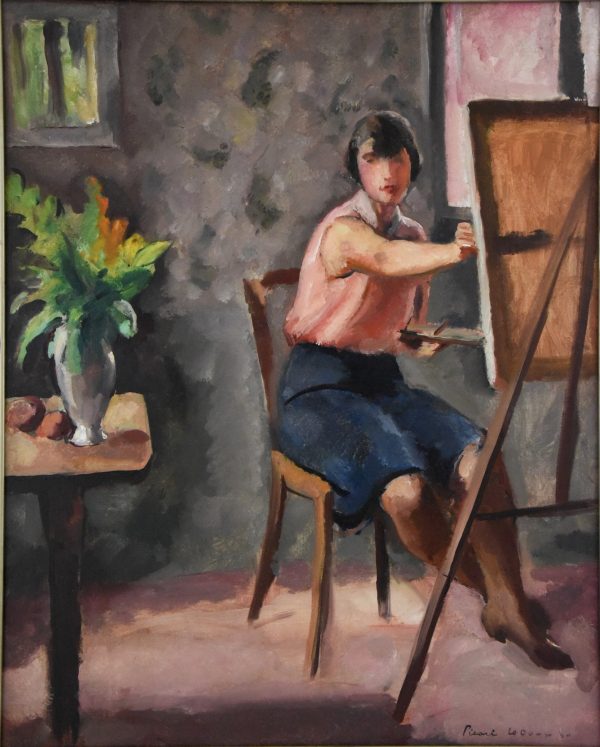 French Art Deco painting of a woman painter in an interior