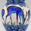 Art Deco ceramic vase with deer Biches Bleues 13.5 inch tall