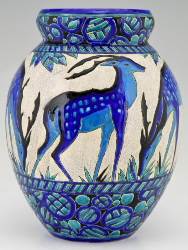 Art Deco ceramic vase with deer Biches Bleues 13.5 inch tall