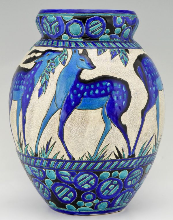 Art Deco ceramic vase with deer Biches Bleues 13.5 inch tall