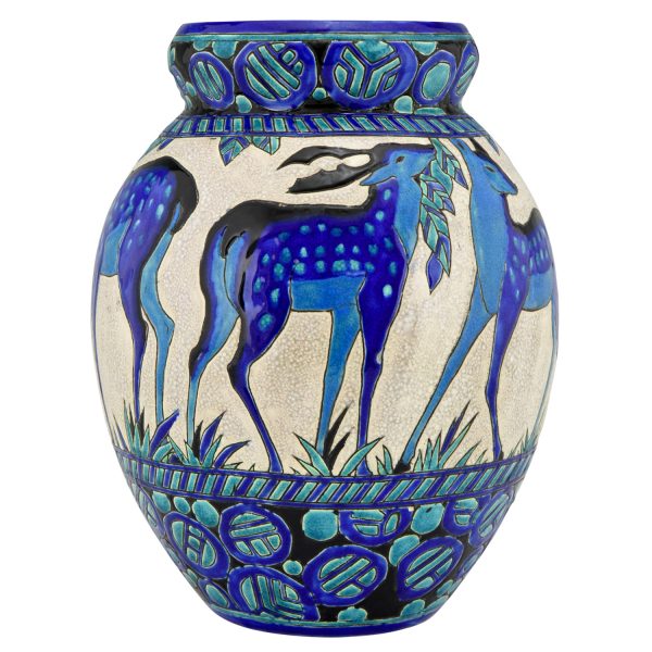 Art Deco ceramic vase with deer Biches Bleues 13.5 inch tall