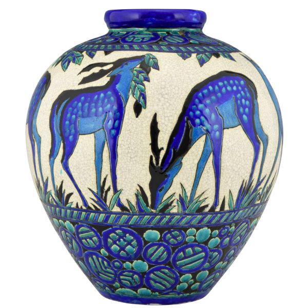 Art Deco ceramic vase with deer Biches Bleues 15 inch tall