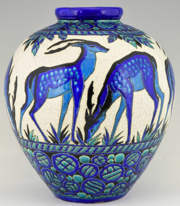 Art Deco ceramic vase with deer Biches Bleues 15 inch tall