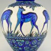 Art Deco ceramic vase with deer Biches Bleues 15 inch tall