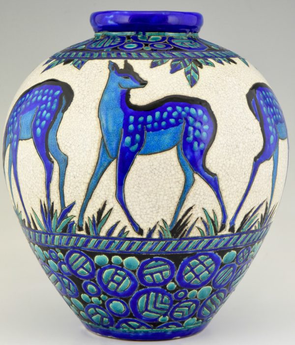 Art Deco vase céramique biches bleues 37 cm