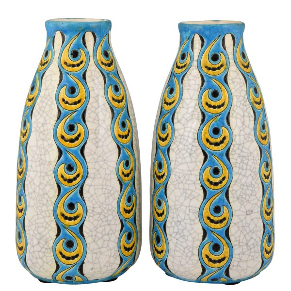 Vases Art Déco en craquelé blanc, jaune et turquoise