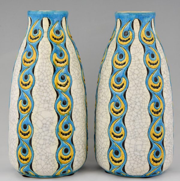 Pair of Art Deco craquelé vases white, yellow and turquoise