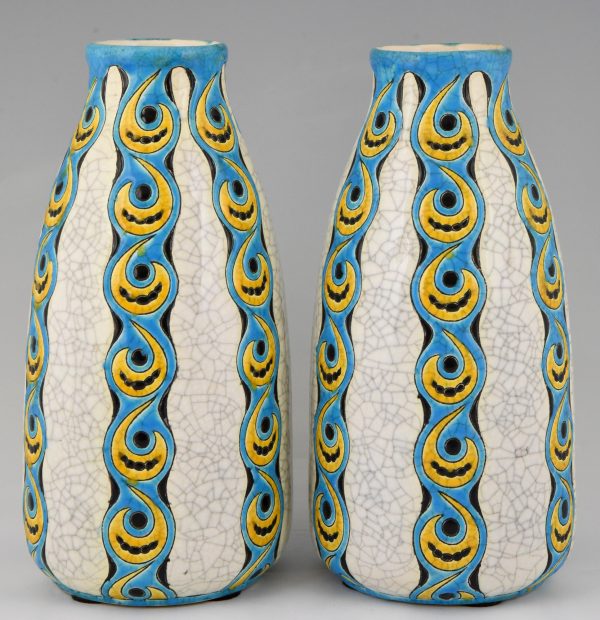 Pair of Art Deco craquelé vases white, yellow and turquoise