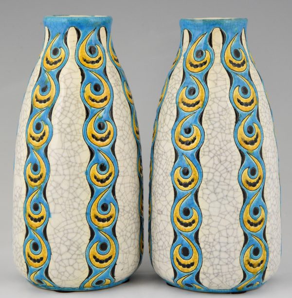 Pair of Art Deco craquelé vases white, yellow and turquoise
