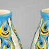 Pair of Art Deco craquelé vases white, yellow and turquoise