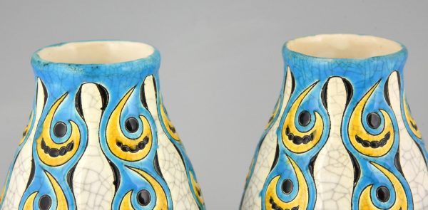 Pair of Art Deco craquelé vases white, yellow and turquoise