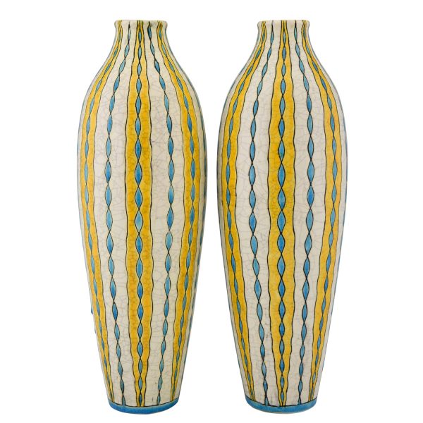Paire Art Deco vases céramique jaune, bleu et blanc