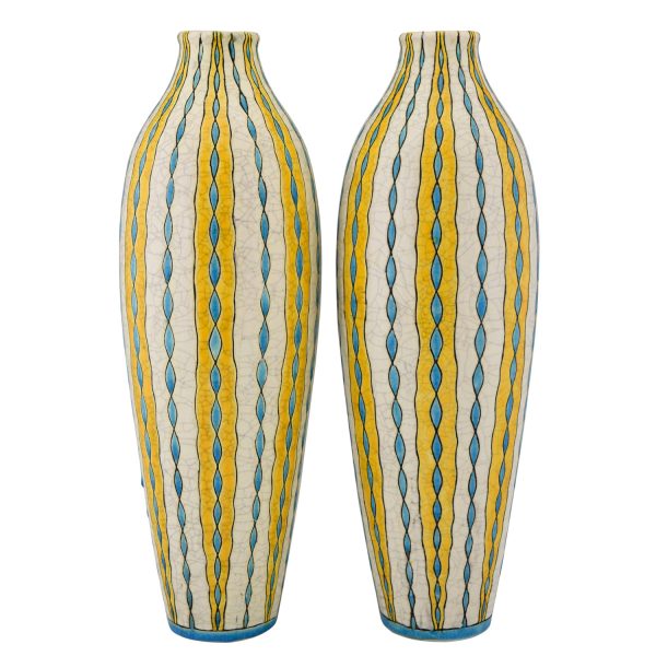 Pair of Art Deco yellow, turquoise and white craquelé vases