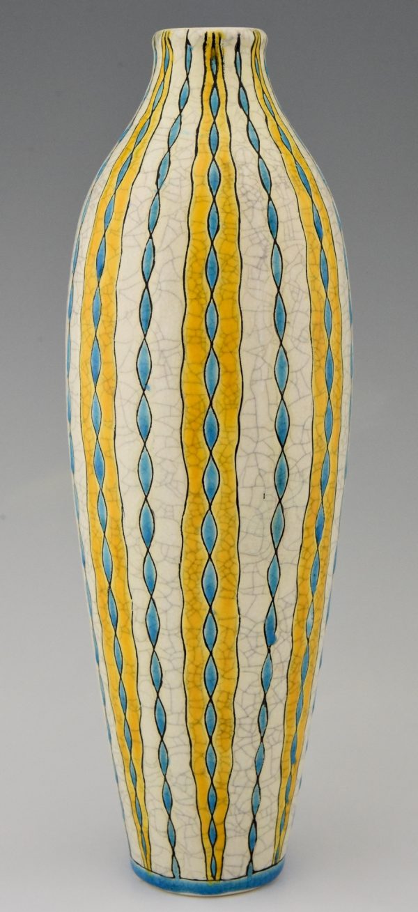 Pair of Art Deco yellow, turquoise and white craquelé vases
