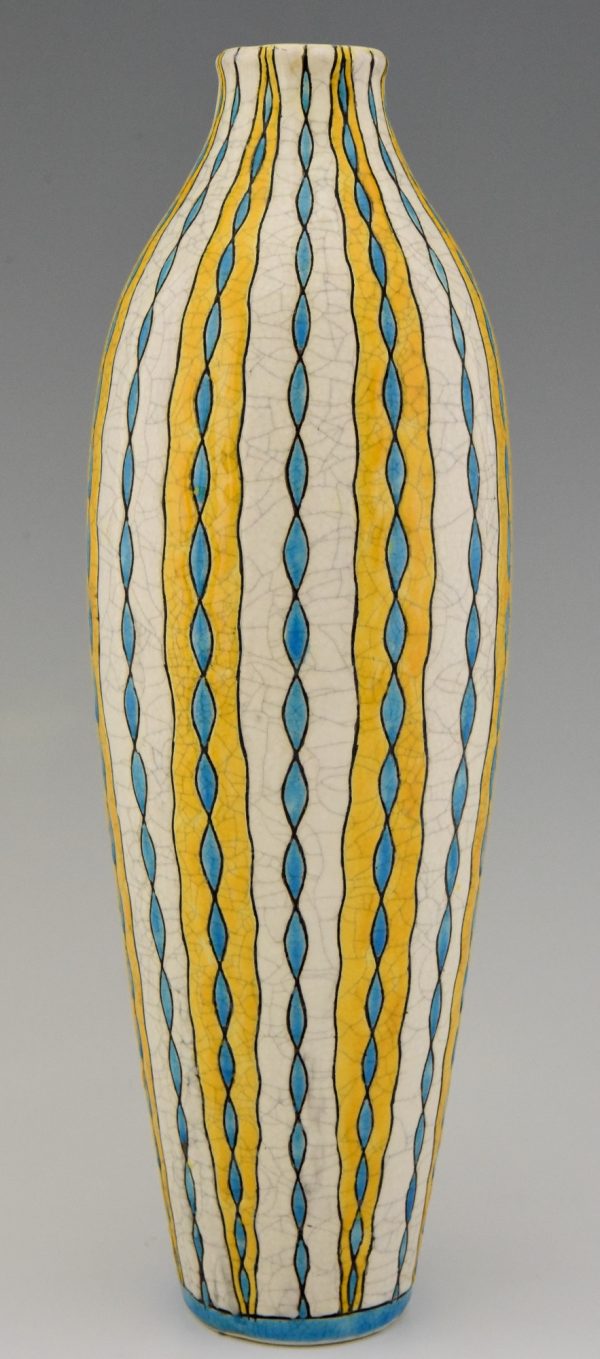 Pair of Art Deco yellow, turquoise and white craquelé vases