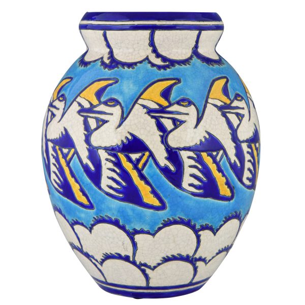 Tall Art Deco ceramic vase flying pelicans