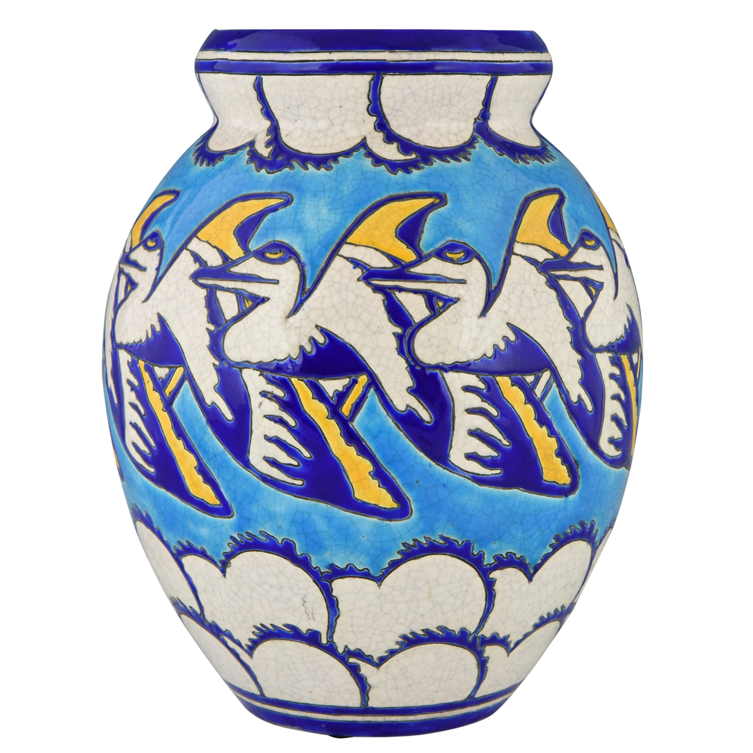 Grosse Art Deco Vase Keramik fliegende Pelikane Grosse Art Deco Vase Keramik fliegende Pelikane