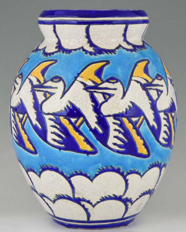Tall Art Deco ceramic vase flying pelicans