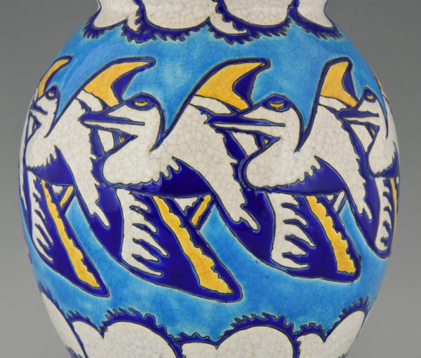 Tall Art Deco ceramic vase flying pelicans