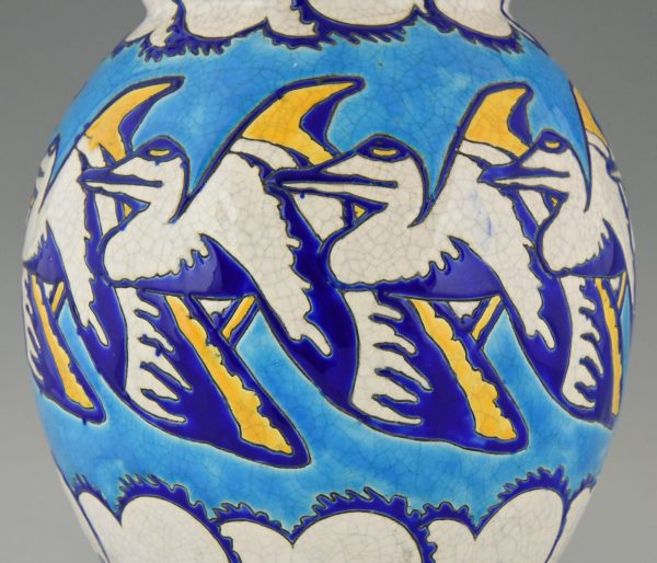 Tall Art Deco ceramic vase flying pelicans