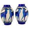 Pair Art Deco craquelé ceramic vases with blue deer