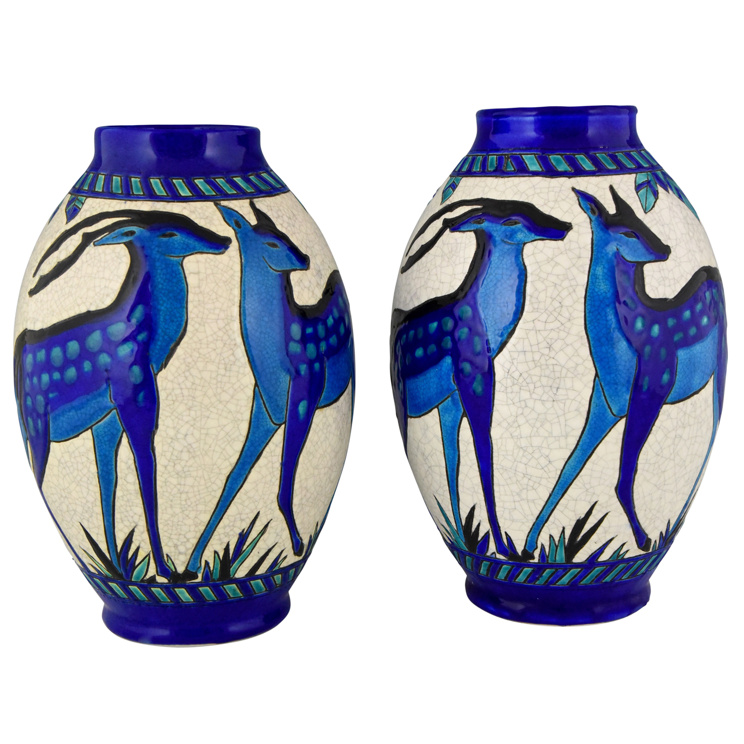 Paire de vases Art Deco ceramique craquelé biches bleues