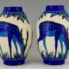 Pair Art Deco craquelé ceramic vases with blue deer