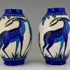 Pair Art Deco craquelé ceramic vases with blue deer