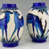 Pair Art Deco craquelé ceramic vases with blue deer