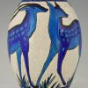 Pair Art Deco craquelé ceramic vases with blue deer