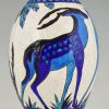 Pair Art Deco craquelé ceramic vases with blue deer