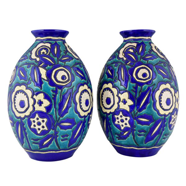 Paire de Art Deco vases en céramique fleurs sur fond blue