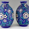 Pair of Art Deco ceramic craquelé vases with flowers