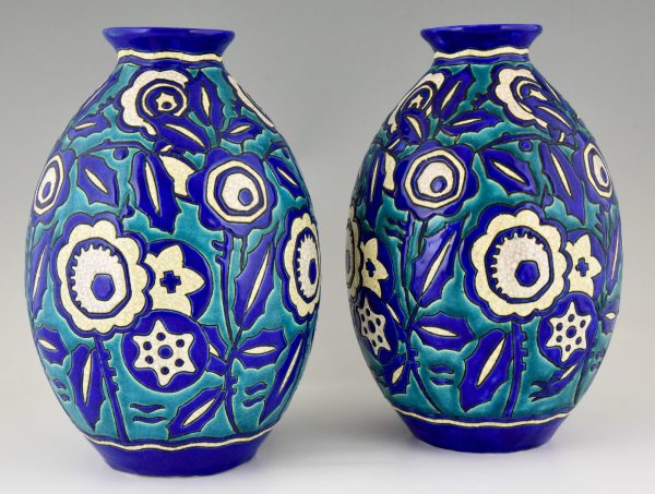 Pair of Art Deco ceramic craquelé vases with flowers