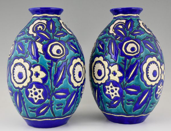 Pair of Art Deco ceramic craquelé vases with flowers