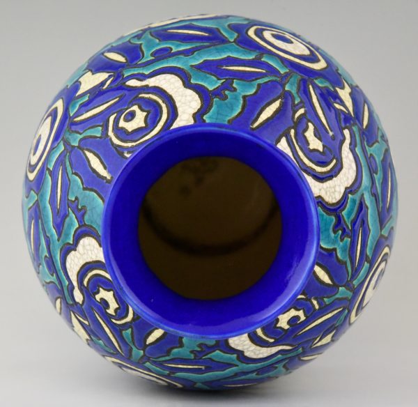 Paire de Art Deco vases en céramique fleurs sur fond blue