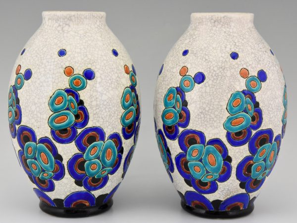 Vases Art Déco en craquelé aux fleurs stylisées