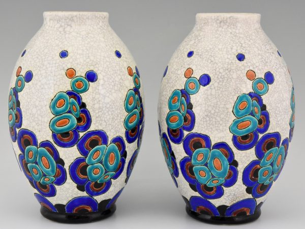 Pair of Art Deco craquelé vases with stylized flowers